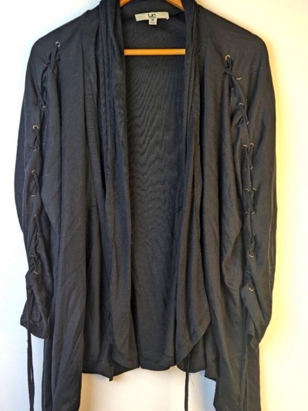 Ya Black Lace-Up Open Cardigan Sweater